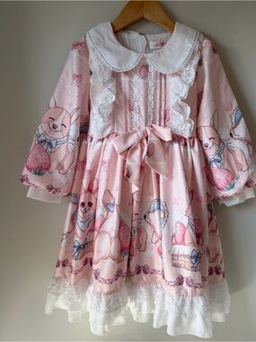 Pink Strawberry Bunny Lolita Dress with Peter Pan Collar Size 7-8